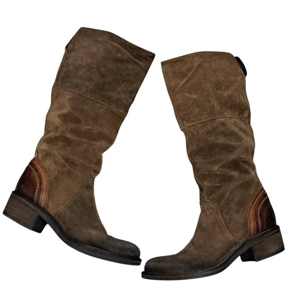 Vic Italian Leather Suede Western Cowgirl Moto Boho Women's Boots Size 37 Brown